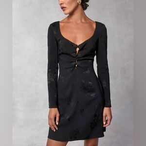 ROUJE PARIS Nancia Floral Jacquard Silk Satin Black Mini Dress Frog Knot Detail